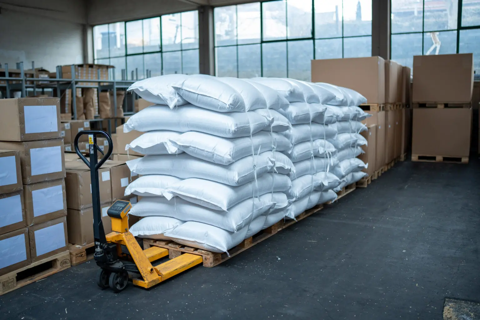 Gestapelte weiße Säcke auf einer Palette in der Lagerhalle.